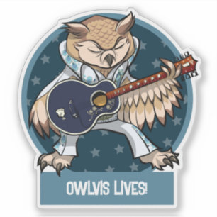 Süße Eule Owlvis lebt! Sänger mit Gitarre Cartoon Aufkleber