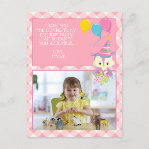 Süße Eule Rosa Gingham Kindergeburtstag Danke Postkarte