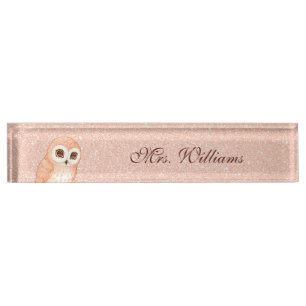 Süße Eule Roségold Glitter Lehrer  Namensplakette