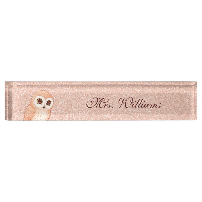 Süße Eule Roségold Glitter Lehrer  Namensplakette (Vorderseite)