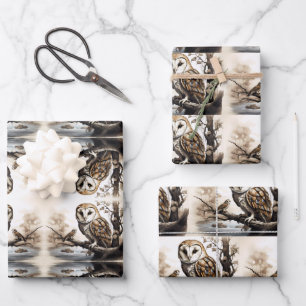 Süße Eulen auf einem Ast sitzend Geschenkpapier Set