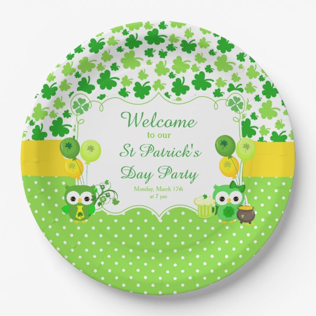 Süße Eulen St. Patrick's Day Party Pappteller (Vorderseite)