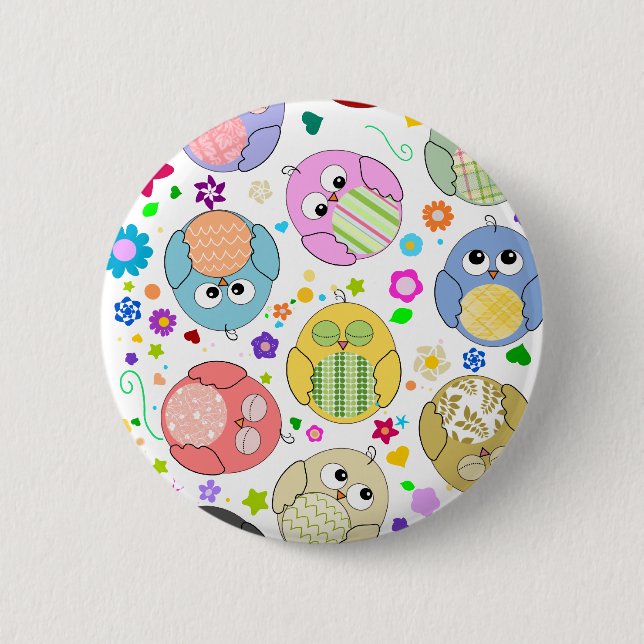 Süße Eulen und Blumenmuster Button (Vorderseite)