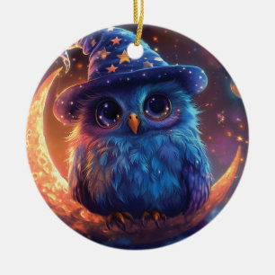 Süße Eulenhexe auf dem Mond: Magische Fantasy-Kuns Keramik Ornament