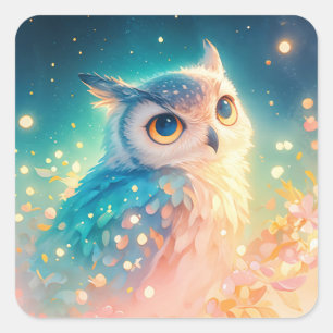 Süße Fantasie-Eule mit großen blauen Augen Quadratischer Aufkleber