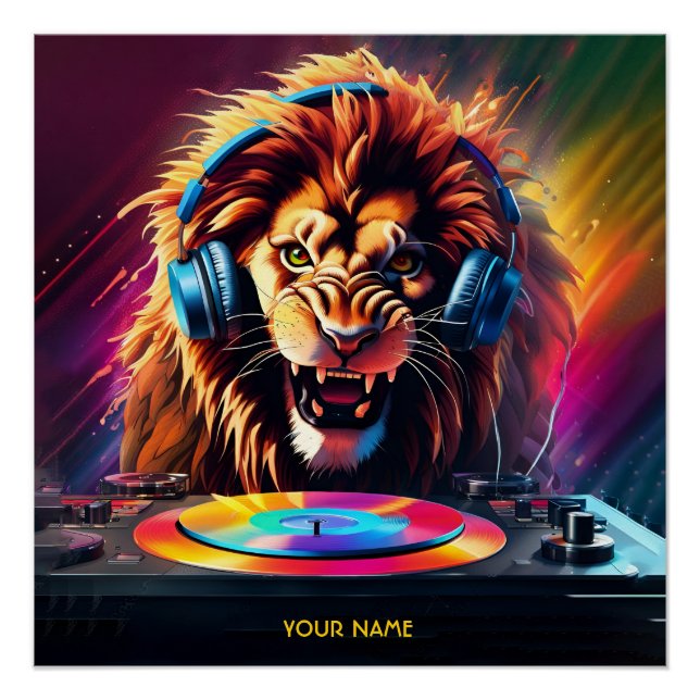 Süße Fantasy-Löwe-DJ-Vinyl Poster (Vorderseite)