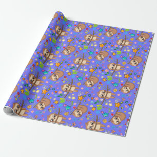 Süße Faultier Blaue Muster Baby Shower Geburtstag Geschenkpapier