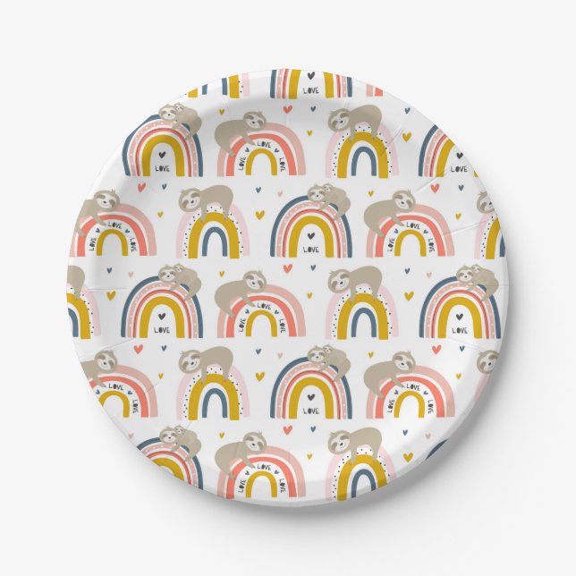 Süße Faultier- und Regenbogen-Party-Teller Pappteller (Vorderseite)
