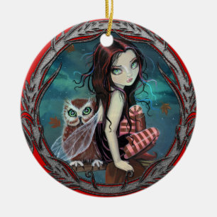 Süße Fee und Eule Fantasy-Kunst Keramik Ornament
