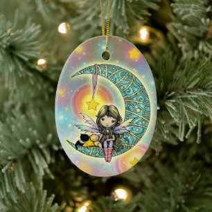 Süße Fee und Kätzchen auf dem Mond Keramik Ornament