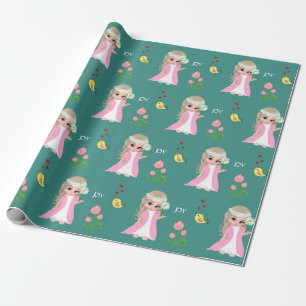 Süße Feenelfe und Blumen auf Türkis Geschenkpapier