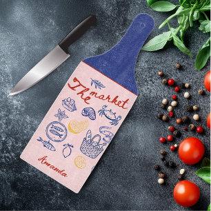 Süße Fischmarktdoodle in Rot und Blau, personalisi Schneidebrett