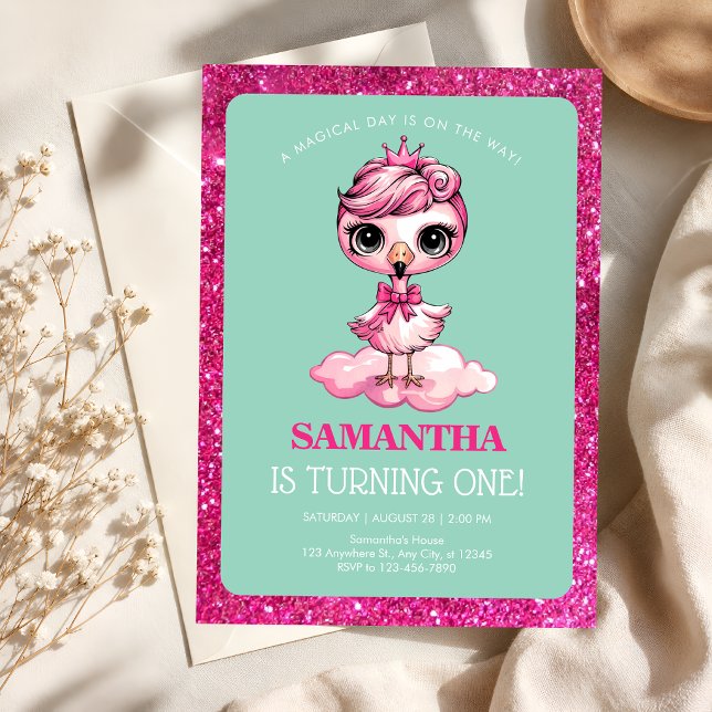 Süße Flamingo Prinzessin wird Eins Geburtstag Einladung (Von Creator hochgeladen)