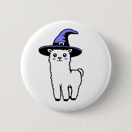 Süße flauschige Halloween-Lama mit lila Hexenhut Button
