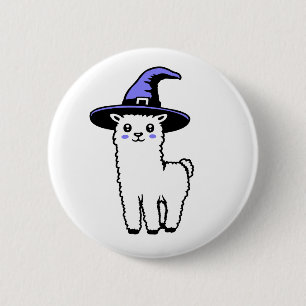 Süße flauschige Halloween-Lama mit lila Hexenhut Button