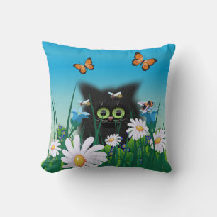 Süße flauschige schwarze Katze und Gänseblümchen K Kissen