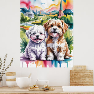 Süße flauschige Welpen im Wasserfarben-Stadtpark Poster