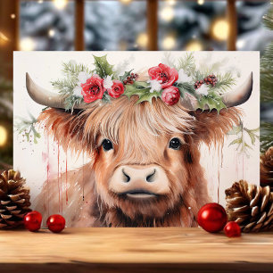 Süße Florale Aquarell-Baby-Hochlandkuh-Weihnachten Feiertagskarte