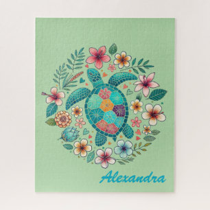  Süße florale Boho-Meeres-Schildkröte mit Namen  Puzzle