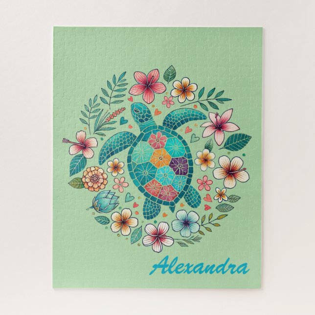  Süße florale Boho-Meeres-Schildkröte mit Namen  Puzzle (Vertikal)
