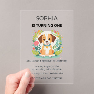 Süße florale Hund-Kinder-Erstgeburtstag  Acryleinladungen