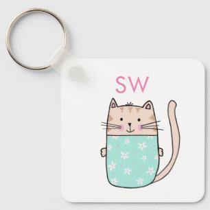 Süße florale Katze Initialen Monogramm Schlüsselanhänger