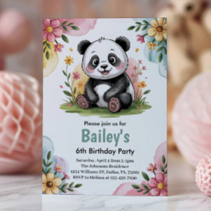 Süße florale Kinder Panda 6. Geburtstagsfeier Einladung