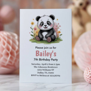 Süße Florale Kinder Panda Geburtstagsfeier Einladung