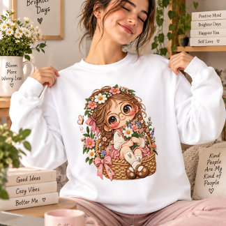 Süße florale Mädchen in Korb Cottagecore-Illustrat Sweatshirt