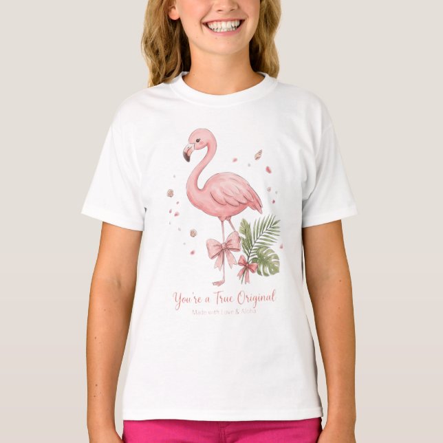 Süße florale rosa Flamingo Mädchen T-Shirt (Vorderseite)