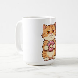 Süße Fluffige Katze hält rosa Donut Cartoon Kaffeetasse