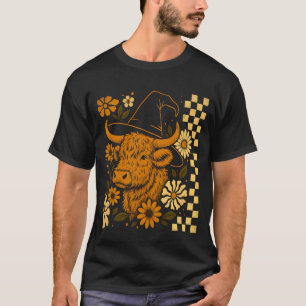 Süße Fluffige Kuh Halloween Blumen Kariert Retro T-Shirt