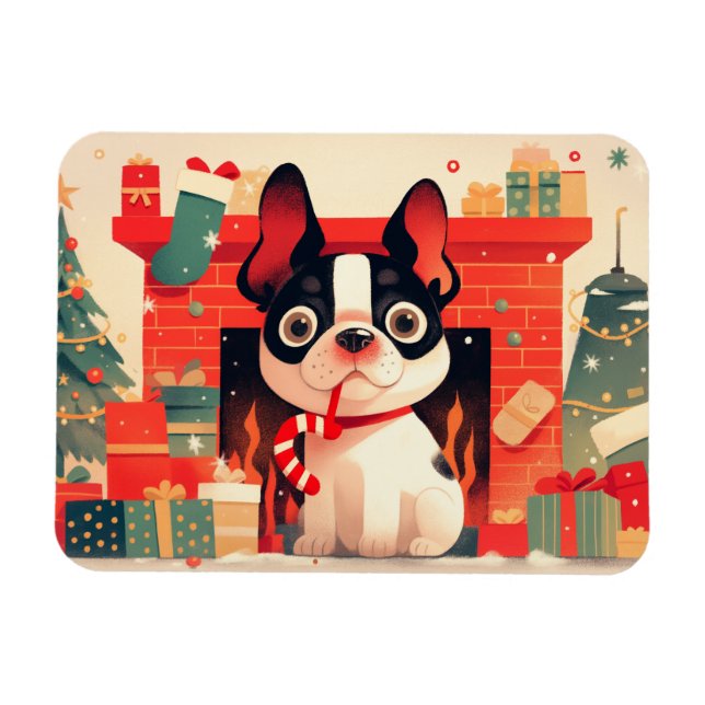 Süße Französische Bulldogge am Weihnachts-Kamin Magnet (Horizontal)