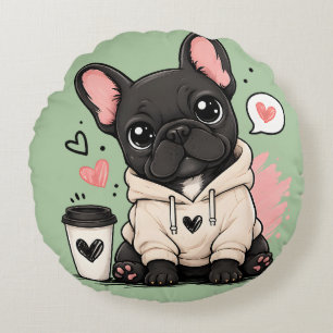 Süße Französische Bulldogge Hoodie Illustration Rundes Kissen