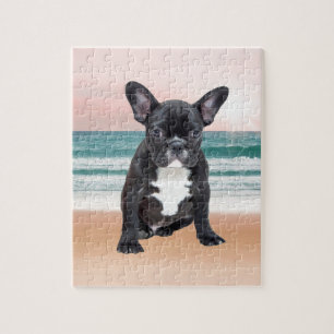 Süße Französische Bulldogge Strand Sonne Wasser Puzzle