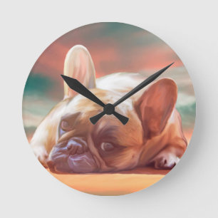 Süße Französische Bulldogge Wasserfarben-Kunstmale Runde Wanduhr