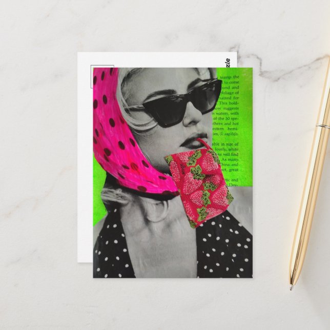 Süße Frau mit Erdbeertasche Collage Postkarte (Vorderseite/Rückseite Beispiel)