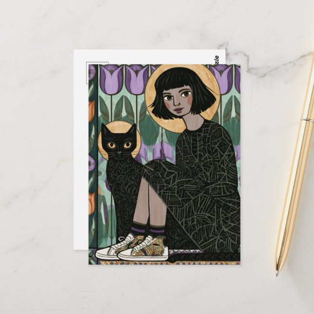 Süße Frau sitzt mit ihrer Katze  Postkarte (Vorderseite/Rückseite Beispiel)