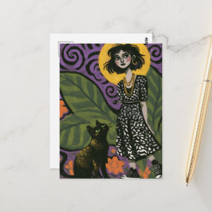 Süße Frau und ihre Katze Postkarte