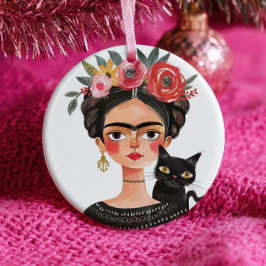 Süße Frida Kahlo & schwarze Katze Haustier Name &  Keramik Ornament