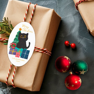 Süße Frohe Weihnachten Schwarze Katze Weihnachtsba Ovaler Aufkleber
