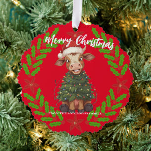 Süße fröhliche Kuh Weihnachtsbaum Kalb Ochse Xmas Ornament Karte