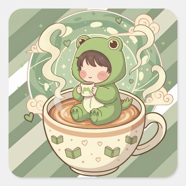 Süße Frosch-Coffee-Tale-Design Quadratischer Aufkleber (Vorderseite)