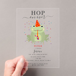 Süße Frosch-Partyhut-Hop-Über-Kinder-Geburtstag Acryleinladungen