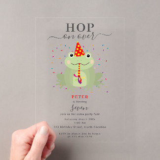 Süße Frosch-Partyhut-Hop-Über-Kinder-Geburtstag Acryleinladungen