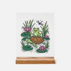 Süße Frosch reitet Schildkröte Teich Vintage Vekto Acrylschild