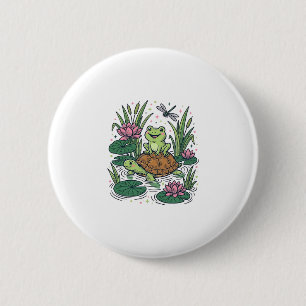Süße Frosch reitet Schildkröte Teich Vintage Vekto Button