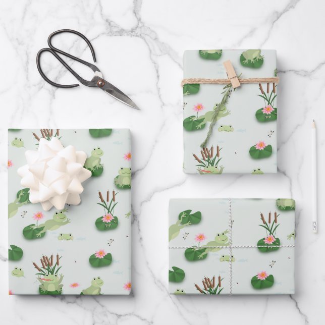 Süße Frösche im Seerosenteich Geschenkpapier Set (Vorderseite)