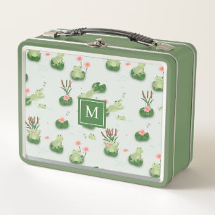 Süße Frösche im Seerosenteich monogrammierte Initi Metall Brotdose