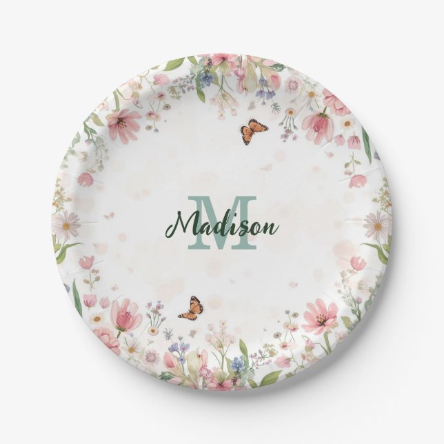 Süße Frühlingsblumen Wildblumenstrauß Schmetterlin Pappteller (Vorderseite)